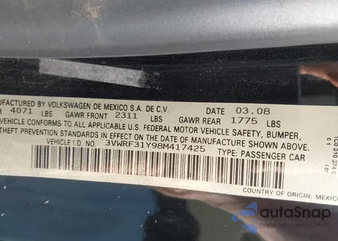 2008 Volkswagen New Beetle Se from USA, damaged, VIN 3VWRF31Y98M417425